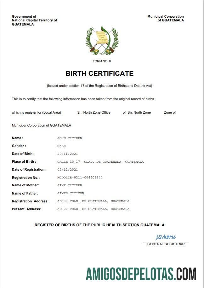 Realista modelo Word e PDF de certidão de nascimento da Guatemala